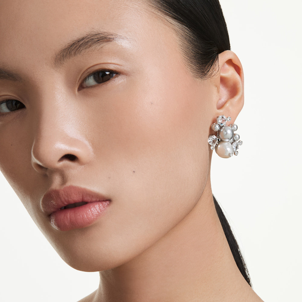 Pendientes Constella, Perla de cristal, Talla redonda, Blancos, Baño de rodio