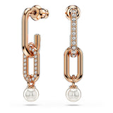 Pendientes Constella, Perla de cristal, Talla redonda, Blancos, Baño tono oro rosa