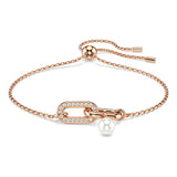Pulsera Constella, Perla de cristal, Talla redonda, Blanca, Baño tono oro rosa