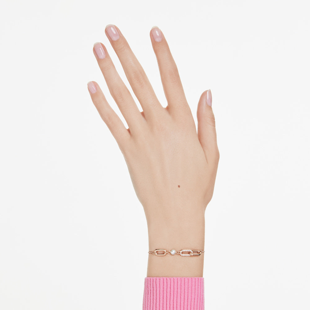 Pulsera Constella, Perla de cristal, Talla redonda, Blanca, Baño tono oro rosa