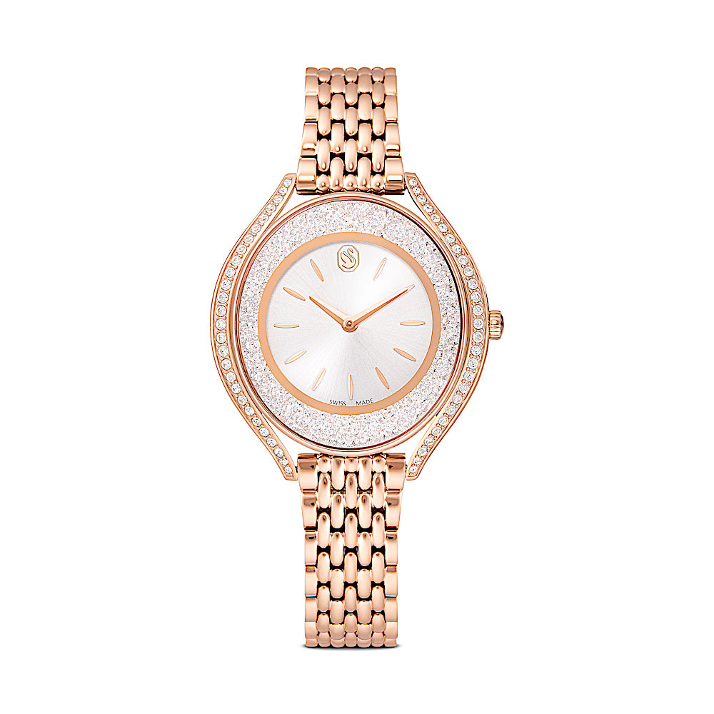 Reloj Crystalline aura, Fabricado en Suiza, Brazalete de metal, Tono oro rosa, Acabado tono oro rosa