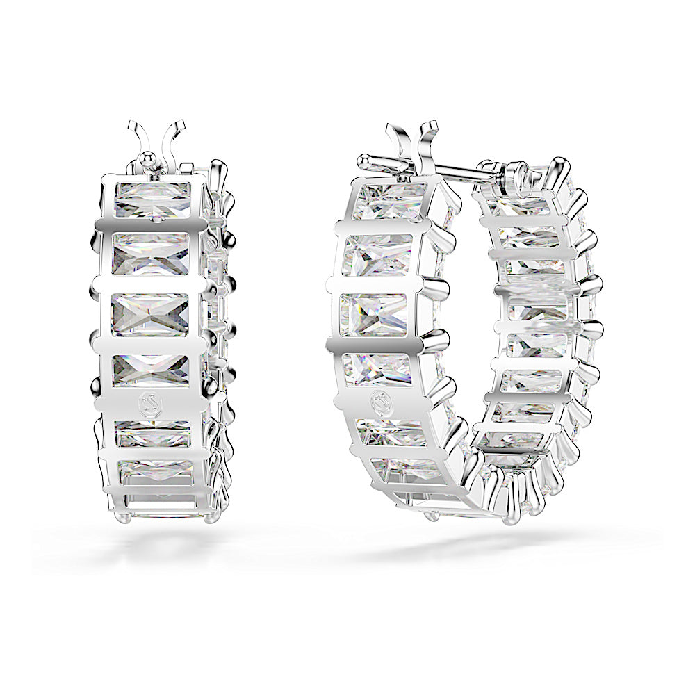 Pendientes de aro Matrix, Talla baguette, Blancos, Baño de rodio