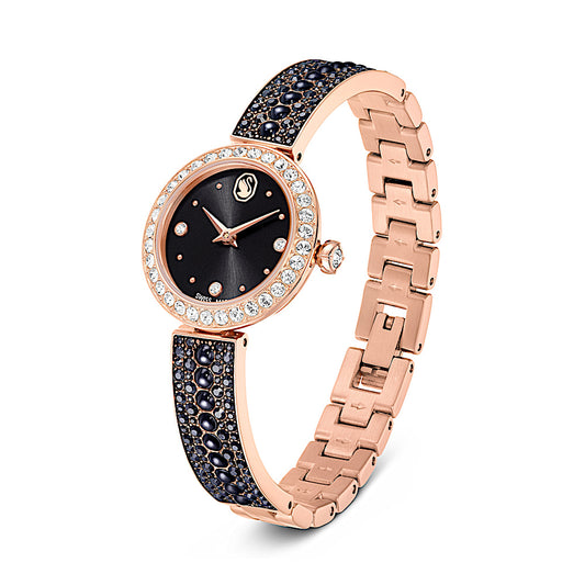 Reloj Matrix pearl bangle, Fabricado en Suiza, Pulsera de cristal, Negro, Acabado tono oro rosa