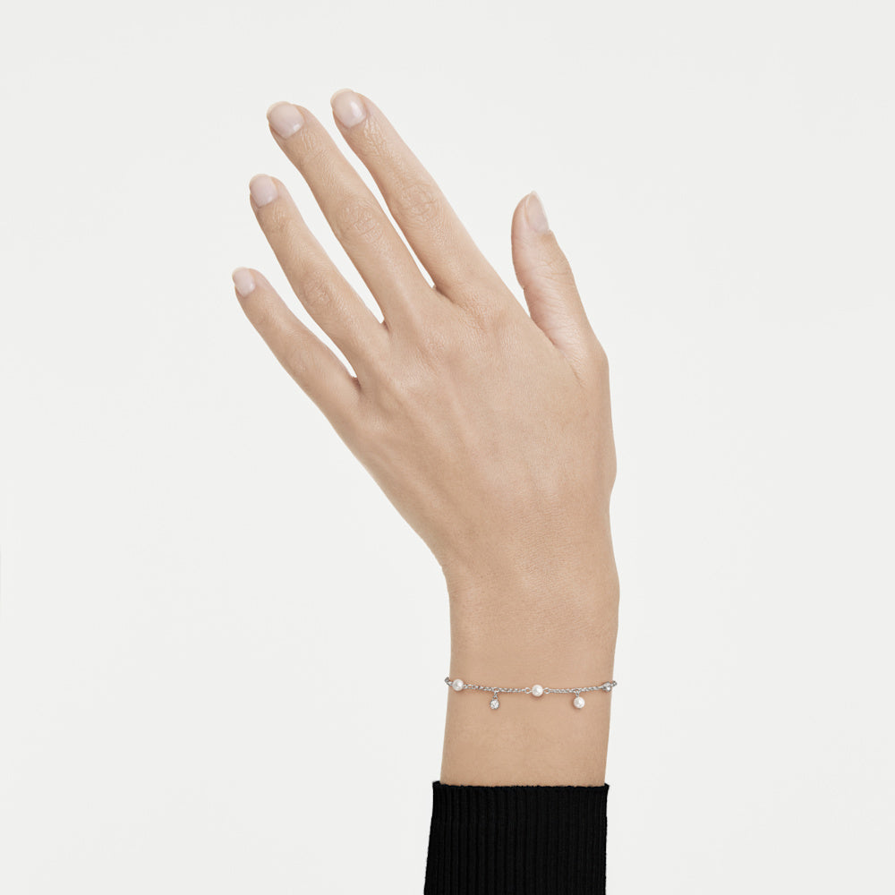 Pulsera Imber, Perla de cristal, Talla redonda, Blanca, Baño de rodio