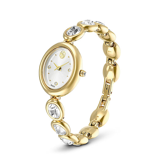 Reloj Imber oval, Fabricado en Suiza, Brazalete de metal, Tono dorado, Acabado tono oro