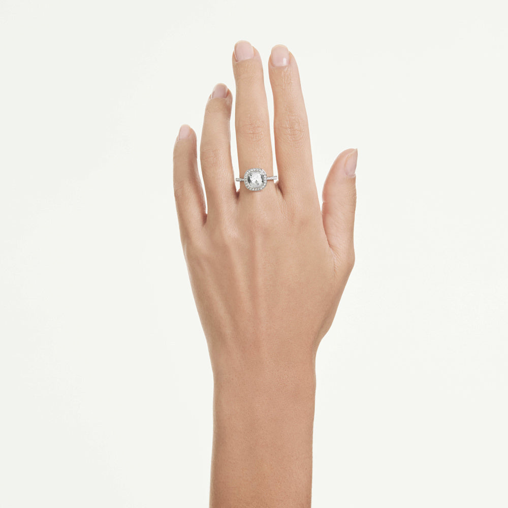 Anillo con halo Una Angelic, Talla cojin, Blanco, Baño de rodio