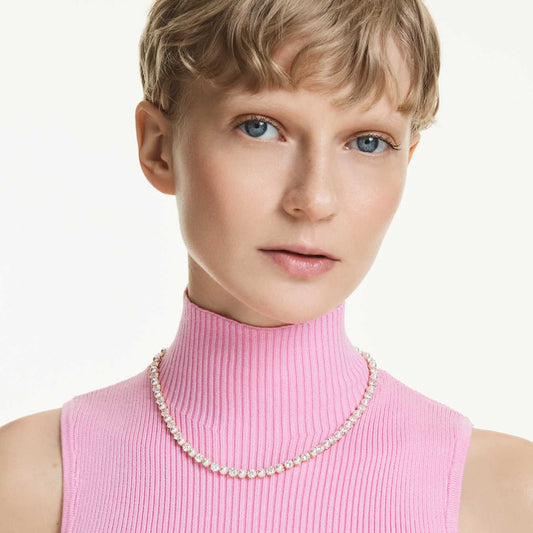 Collar Tennis Matrix Perla de cristal, Talla redonda, Blanco, Baño tono oro