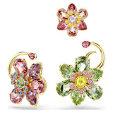 Pendiente ear cuff IdylliaSet (3), Diseño asimétrico, Tallas mixtas, Flor, Multicolor, Baño tono oro