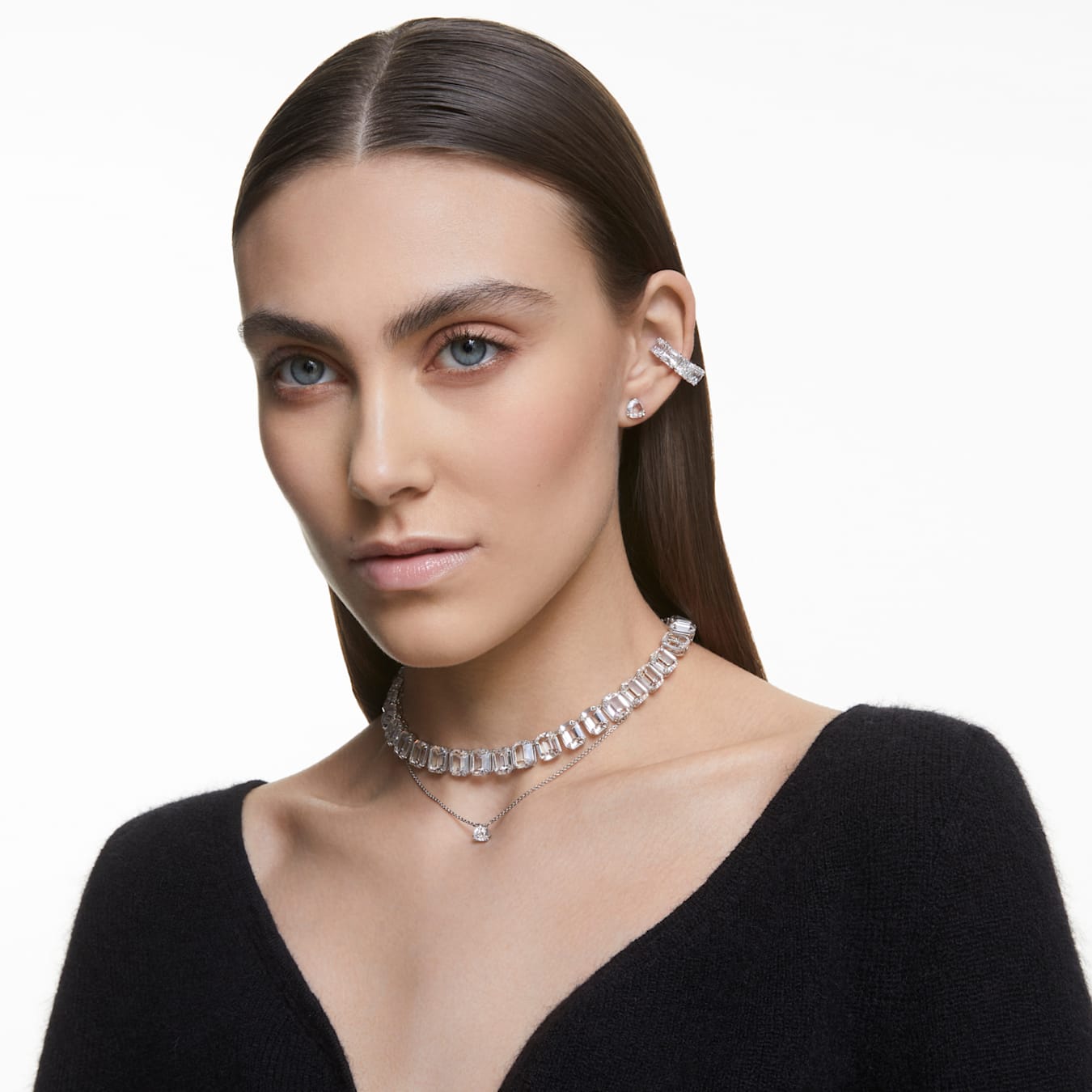 Pendientes de clip, Matrix, Ear Cuff, Talla cuadrada, Blancos, Baño de rodio