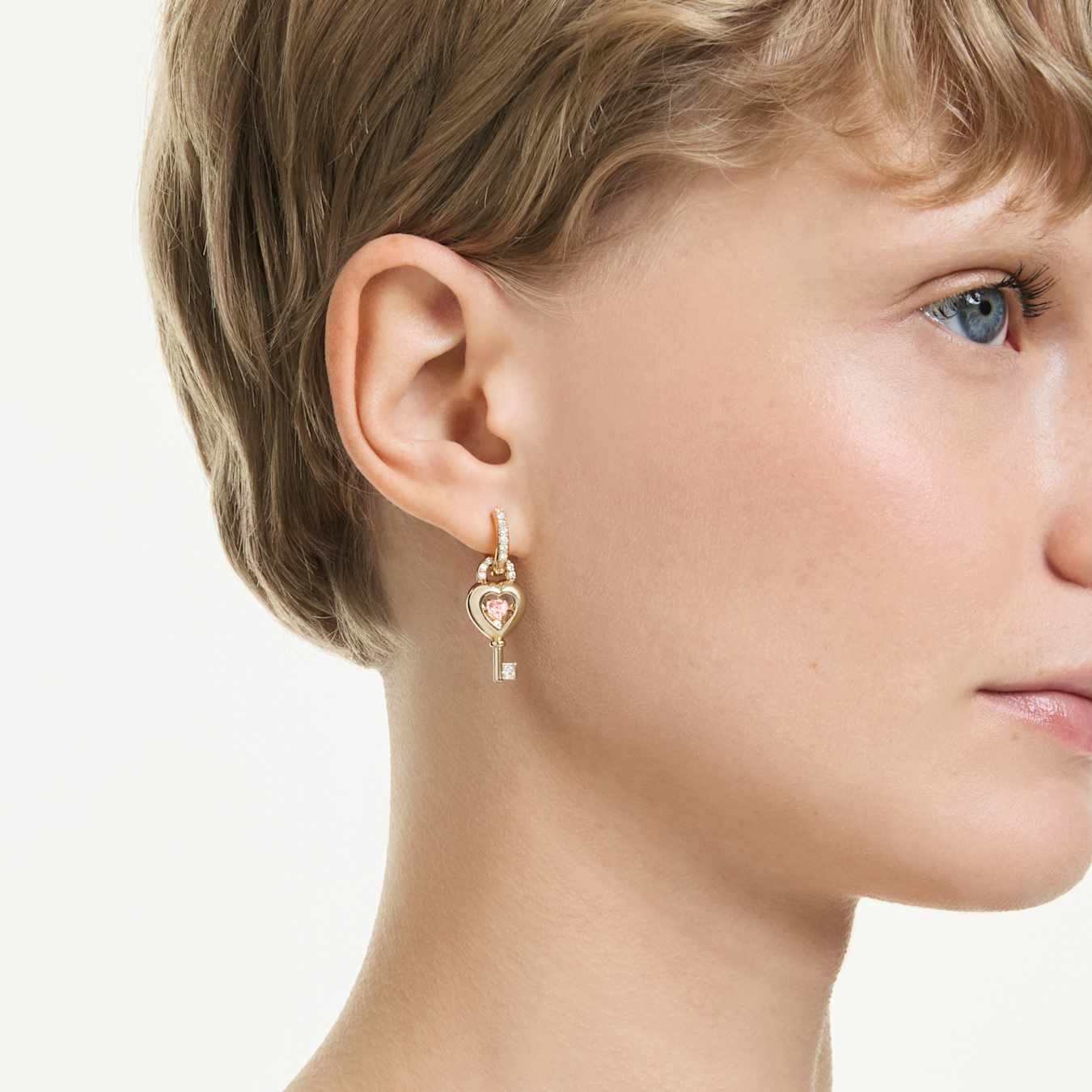 Pendientes de gota con pendiente ear cuff IdylliaTallas mixtas, Corazón con llave, Rosa, Baño tono oro