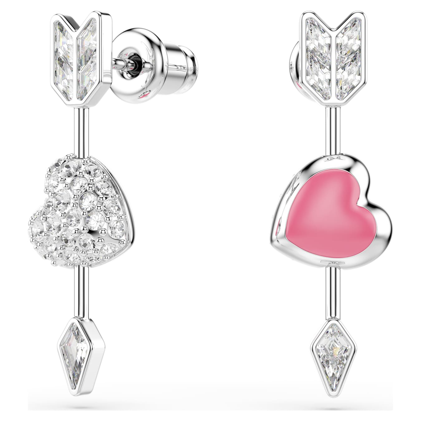 Pendientes Idyllia Tallas mixtas, Corazón con flecha, Blancos, Baño de rodio