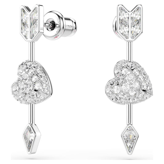 Pendientes Idyllia Tallas mixtas, Corazón con flecha, Blancos, Baño de rodio
