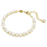 Pulsera Tennis Matrix Perla de cristal, Talla redonda, Blanca, Baño tono oro