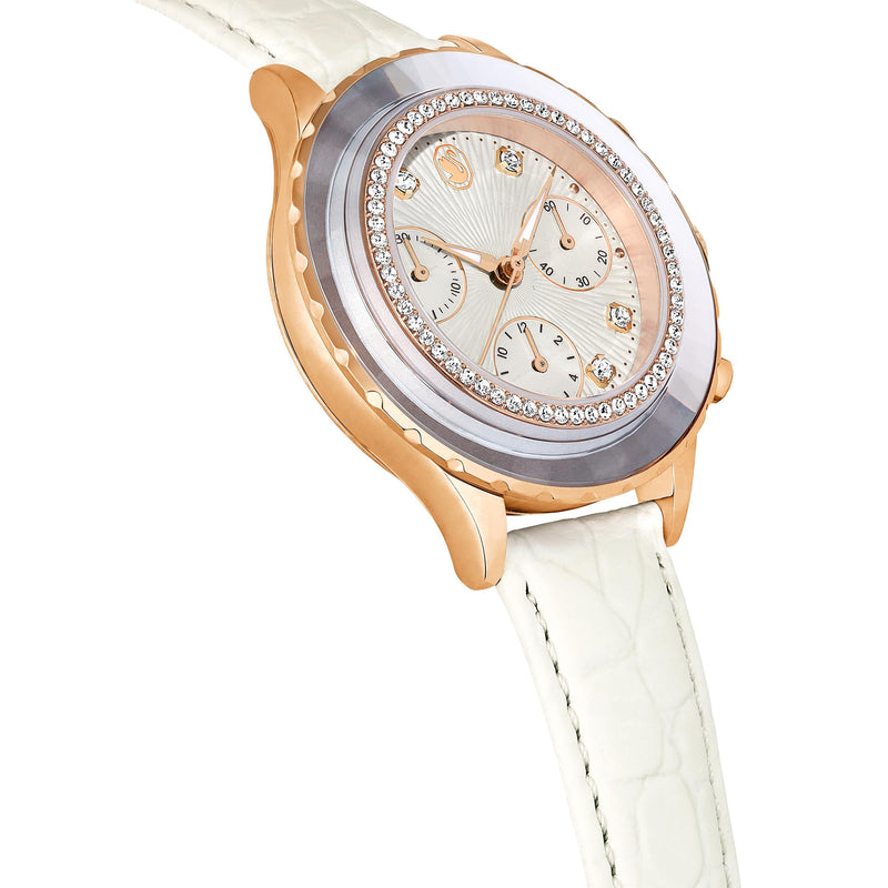 Reloj Octea Chrono, Fabricado en Suiza, Correa de piel, Blanco, Acabado tono oro rosa