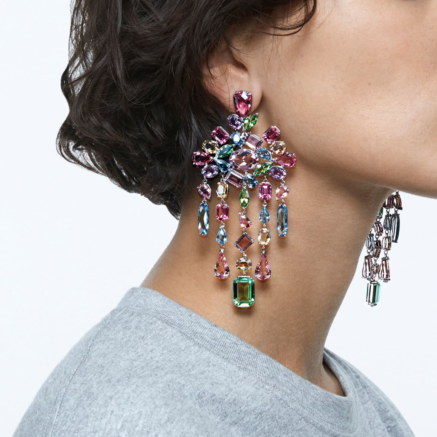 Pendientes de clip Gema Candelabro, Multicolor, Baño de rodio