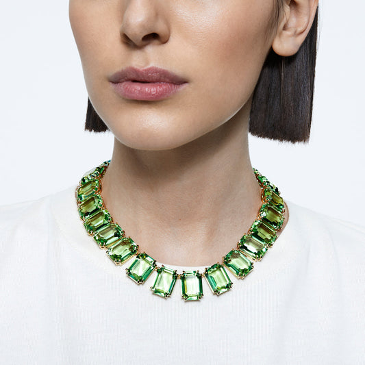 Collar Tennis Millenia, Cristales de gran tamaño, Talla octogonal, Verde, Baño tono oro