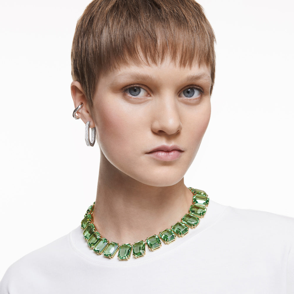 Collar Tennis Millenia, Cristales de gran tamaño, Talla octogonal, Verde, Baño tono oro
