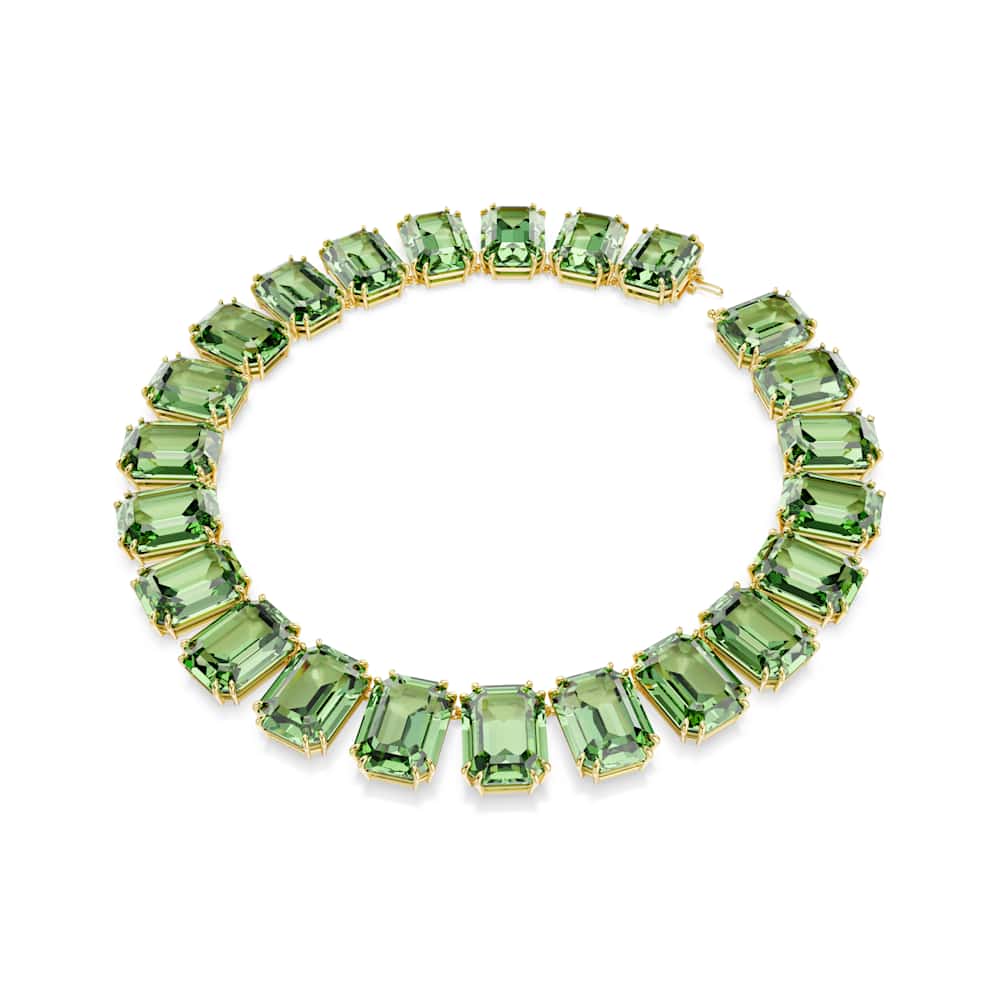 Collar Tennis Millenia, Cristales de gran tamaño, Talla octogonal, Verde, Baño tono oro