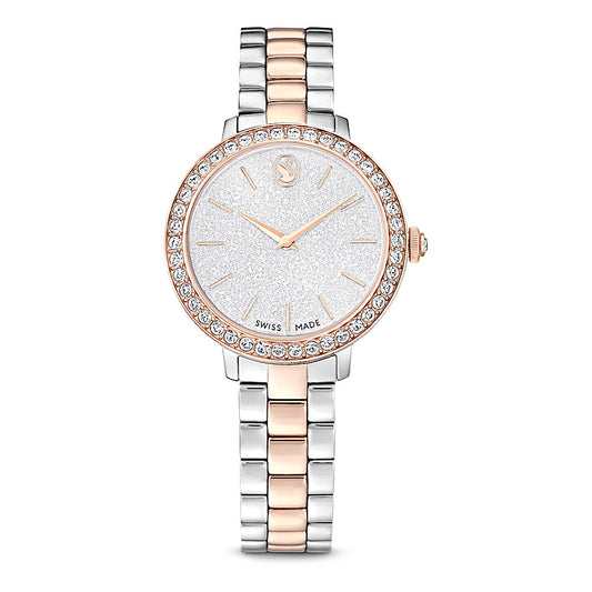 Reloj, Fabricado en Suiza, Brazalete de metal, Tono plateado, Acabado tono oro rosa