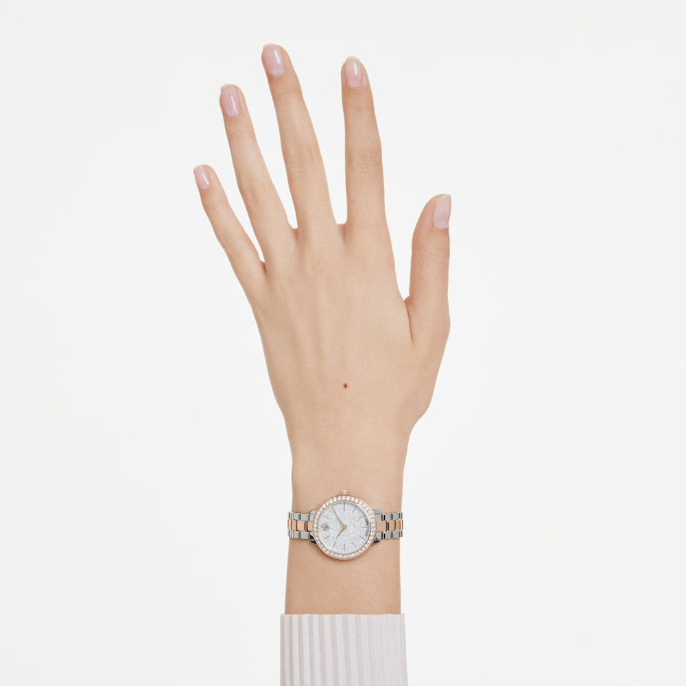 Reloj, Fabricado en Suiza, Brazalete de metal, Tono plateado, Acabado tono oro rosa