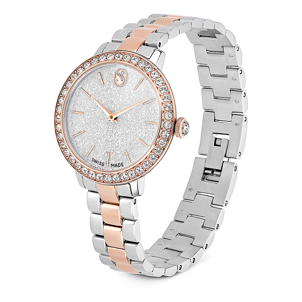 Reloj, Fabricado en Suiza, Brazalete de metal, Tono plateado, Acabado tono oro rosa