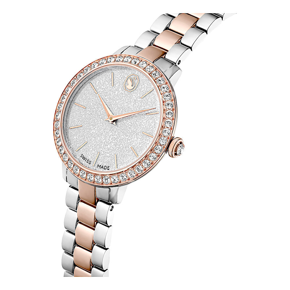Reloj, Fabricado en Suiza, Brazalete de metal, Tono plateado, Acabado tono oro rosa