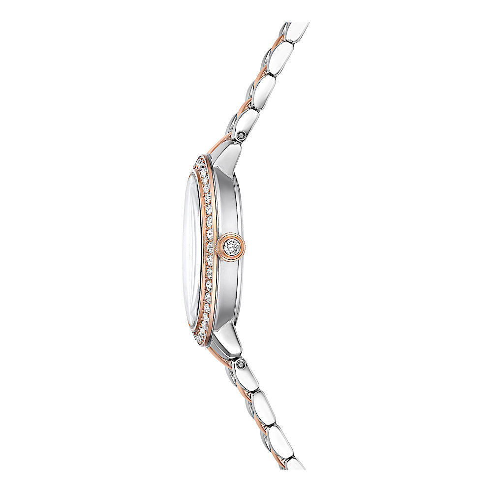 Reloj, Fabricado en Suiza, Brazalete de metal, Tono plateado, Acabado tono oro rosa