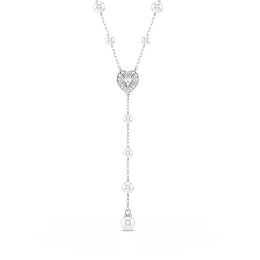 Collar en Y Ariana Grande x Swarovski, Perla de cristal, Tallas mixtas, Corazón, Blanco, Baño de rodio