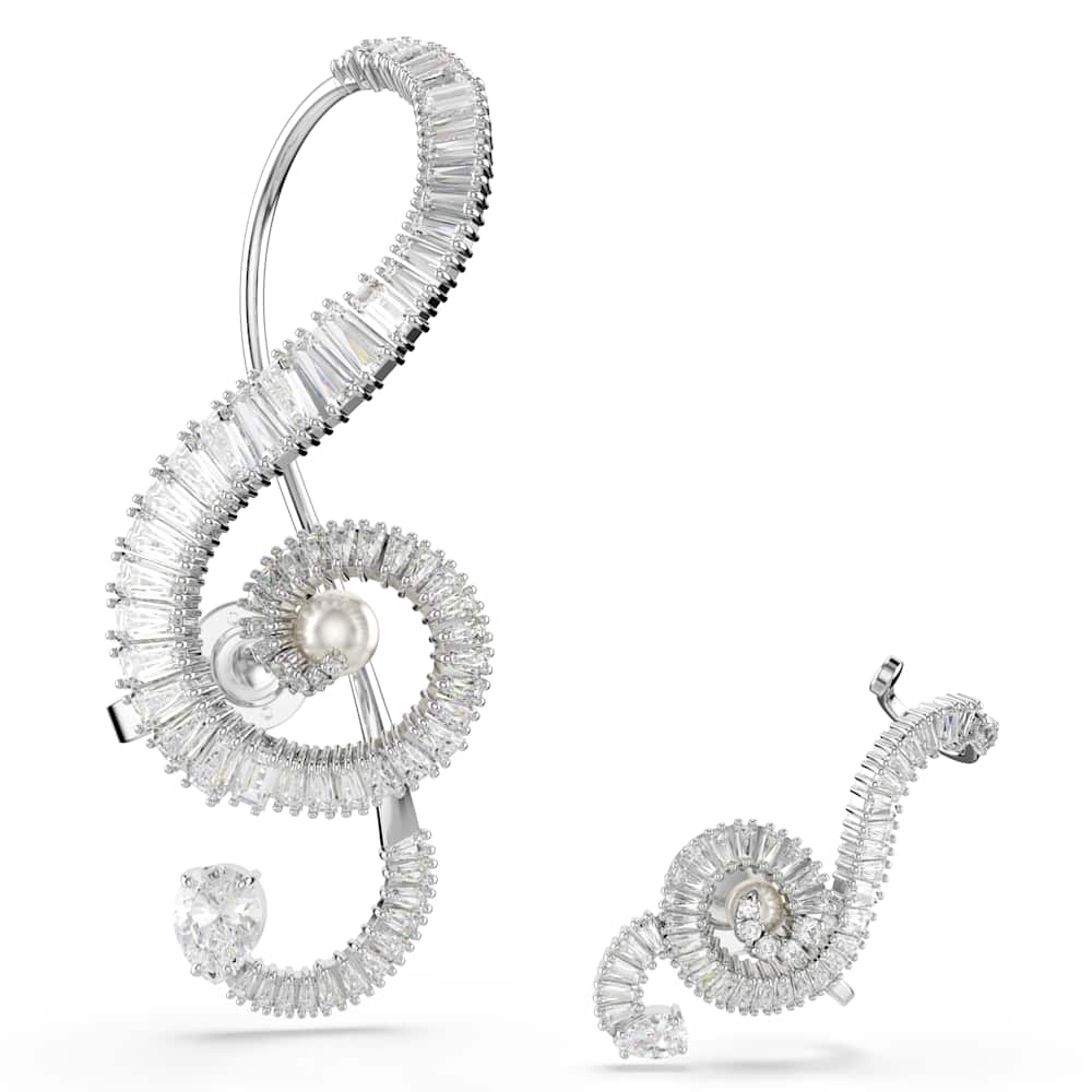 Pendientes de clip Ariana Grande x Swarovski, Diseño asimétrico, Crystal Pearl, Talla baguette, Blancos, Baño de rodio