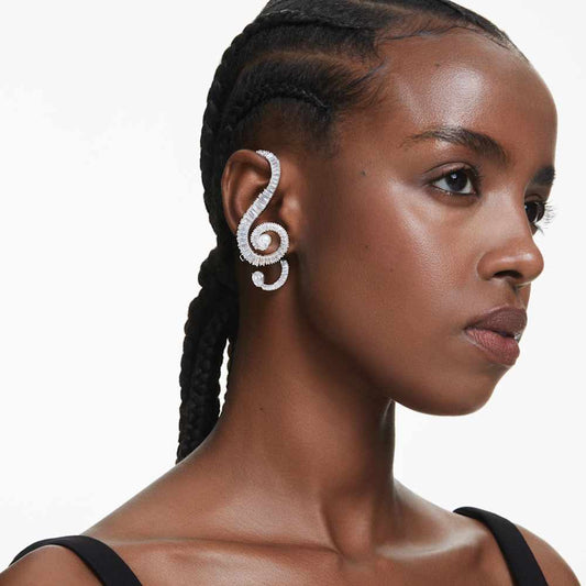 Pendientes de clip Ariana Grande x Swarovski, Diseño asimétrico, Crystal Pearl, Talla baguette, Blancos, Baño de rodio
