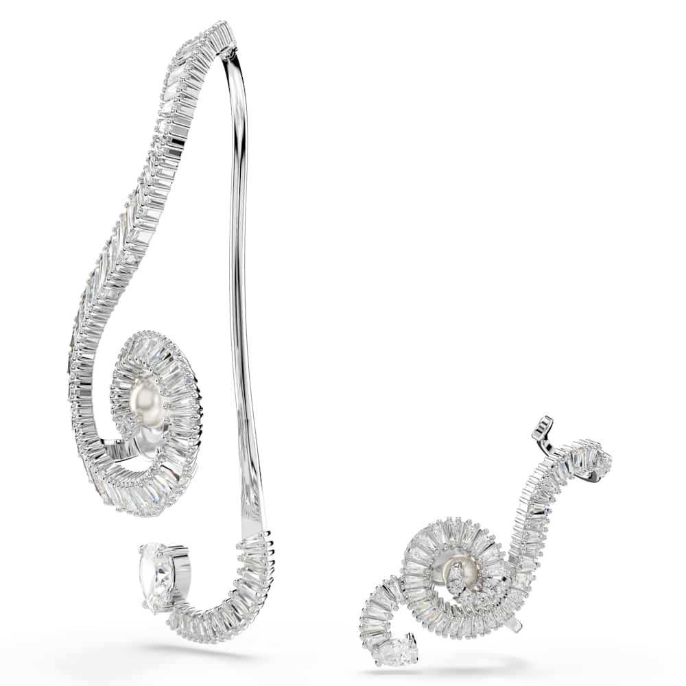 Pendientes de clip Ariana Grande x Swarovski, Diseño asimétrico, Crystal Pearl, Talla baguette, Blancos, Baño de rodio