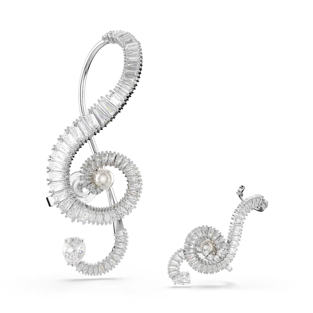 Pendientes de clip Ariana Grande x Swarovski, Diseño asimétrico, Crystal Pearl, Talla baguette, Blancos, Baño de rodio