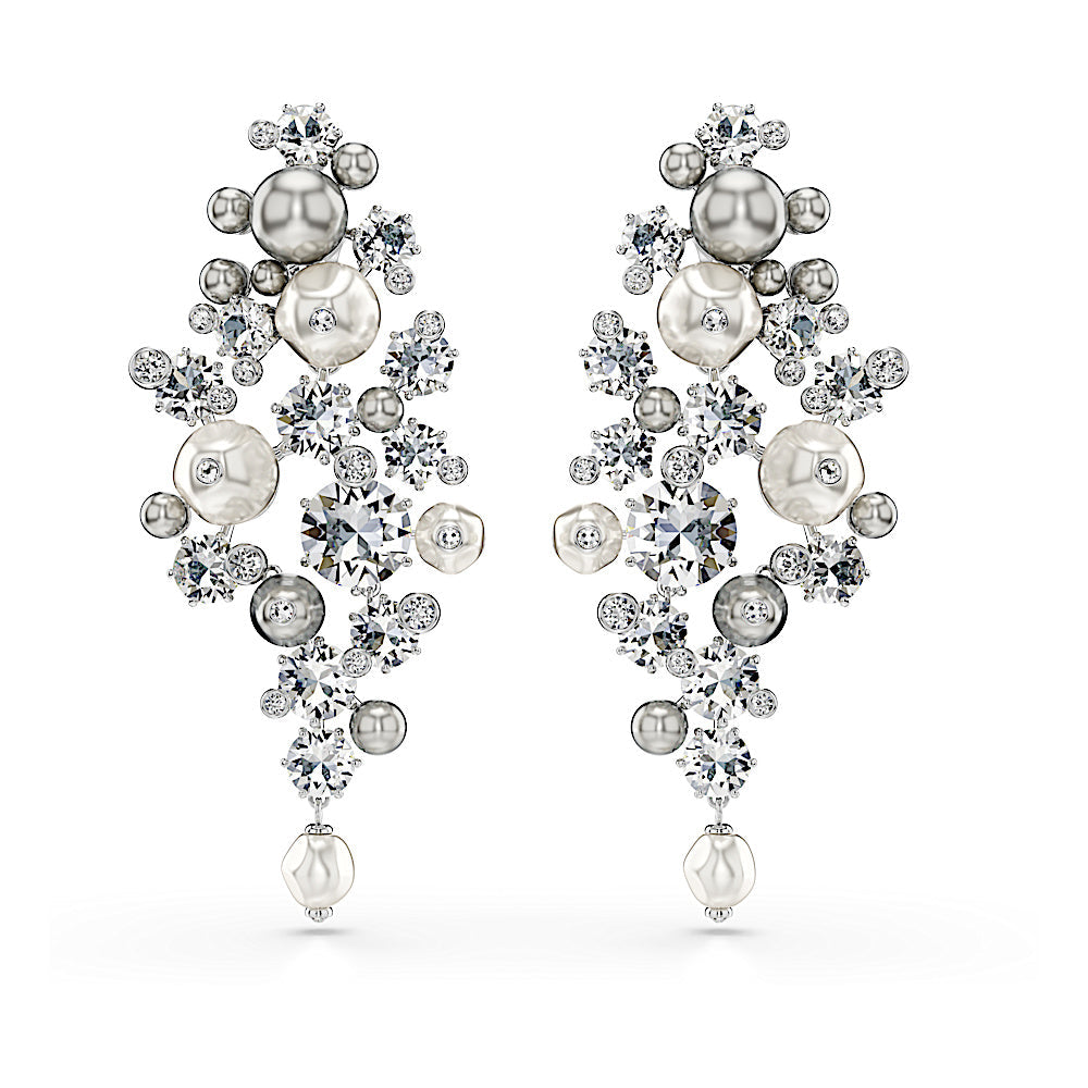 Pendientes Constella, Perla de cristal, Talla redonda, Blancos, Baño de rodio