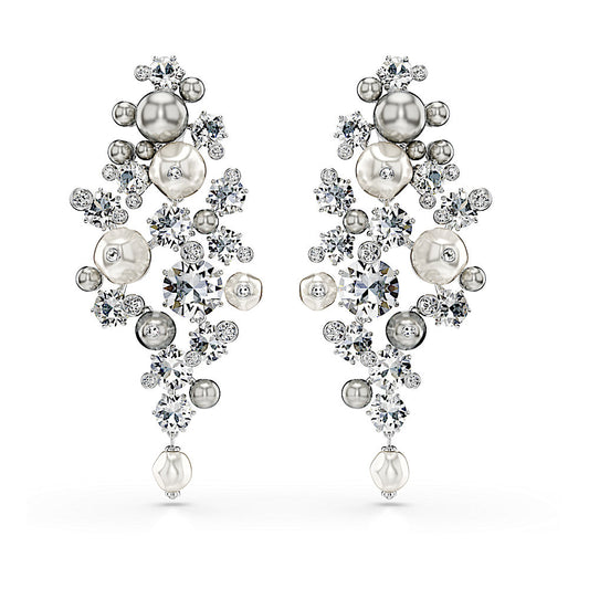 Pendientes Constella, Perla de cristal, Talla redonda, Blancos, Baño de rodio