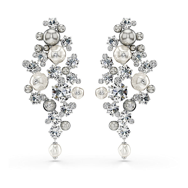 Pendientes Constella, Perla de cristal, Talla redonda, Blancos, Baño de rodio