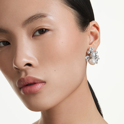 Pendientes Constella, Perla de cristal, Talla redonda, Blancos, Baño de rodio