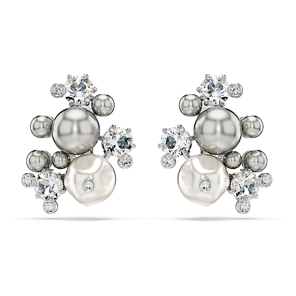 Pendientes Constella, Perla de cristal, Talla redonda, Blancos, Baño de rodio