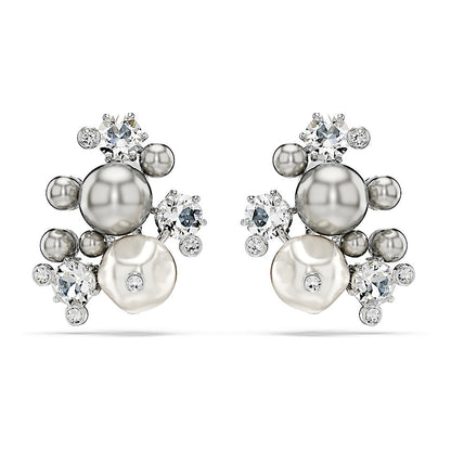 Pendientes Constella, Perla de cristal, Talla redonda, Blancos, Baño de rodio