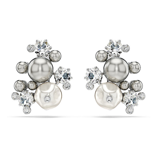 Pendientes Constella, Perla de cristal, Talla redonda, Blancos, Baño de rodio