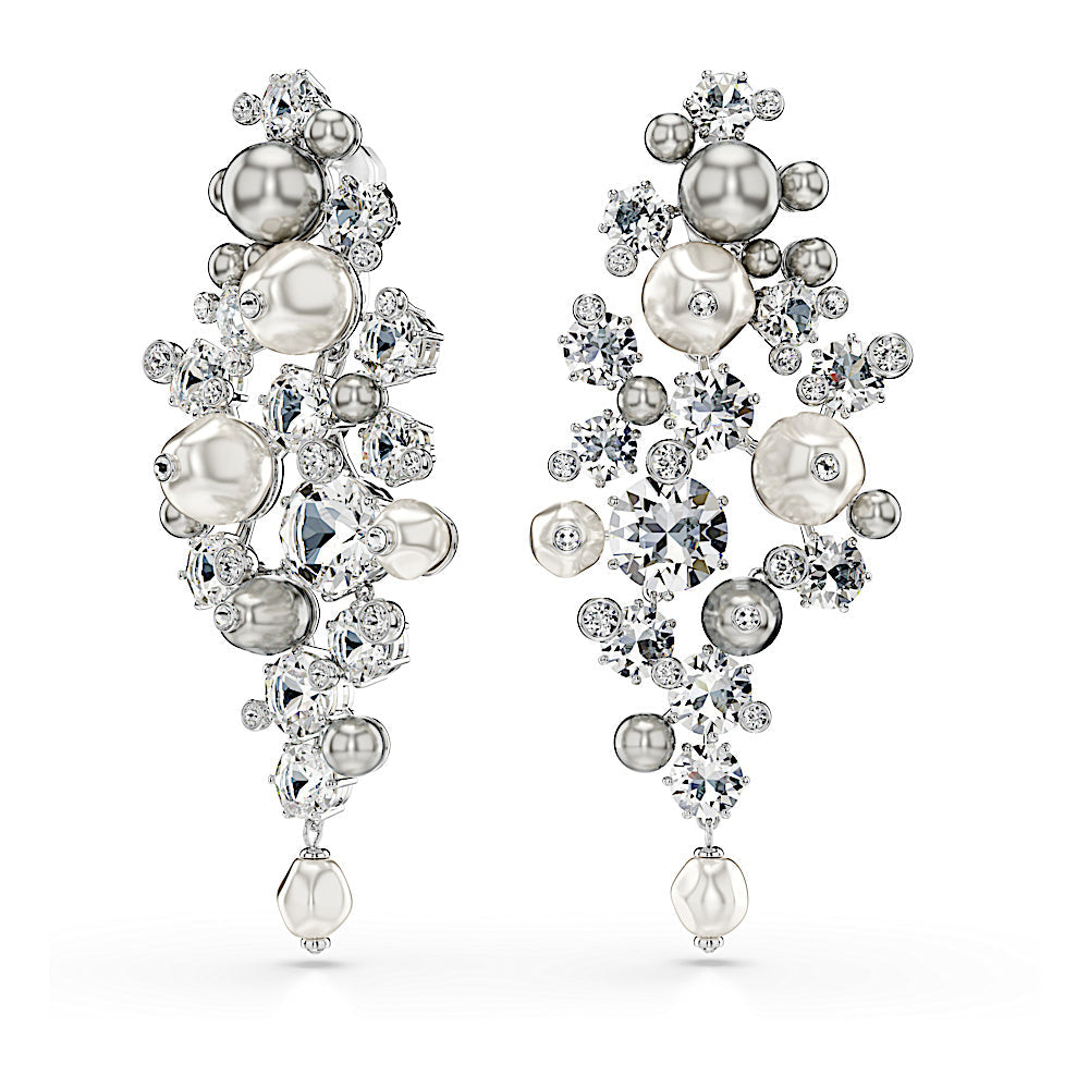 Pendientes Constella, Perla de cristal, Talla redonda, Blancos, Baño de rodio