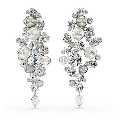 Pendientes Constella, Perla de cristal, Talla redonda, Blancos, Baño de rodio