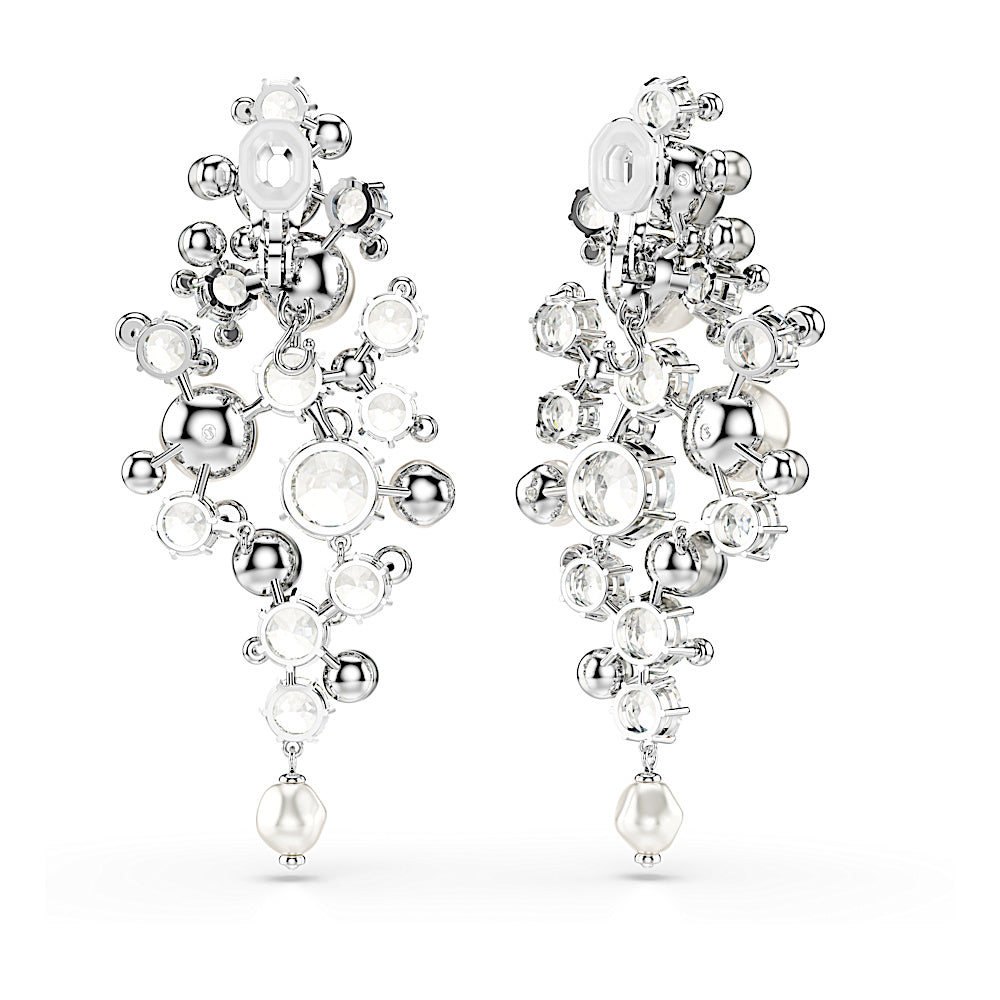 Pendientes Constella, Perla de cristal, Talla redonda, Blancos, Baño de rodio