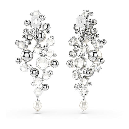 Pendientes Constella, Perla de cristal, Talla redonda, Blancos, Baño de rodio