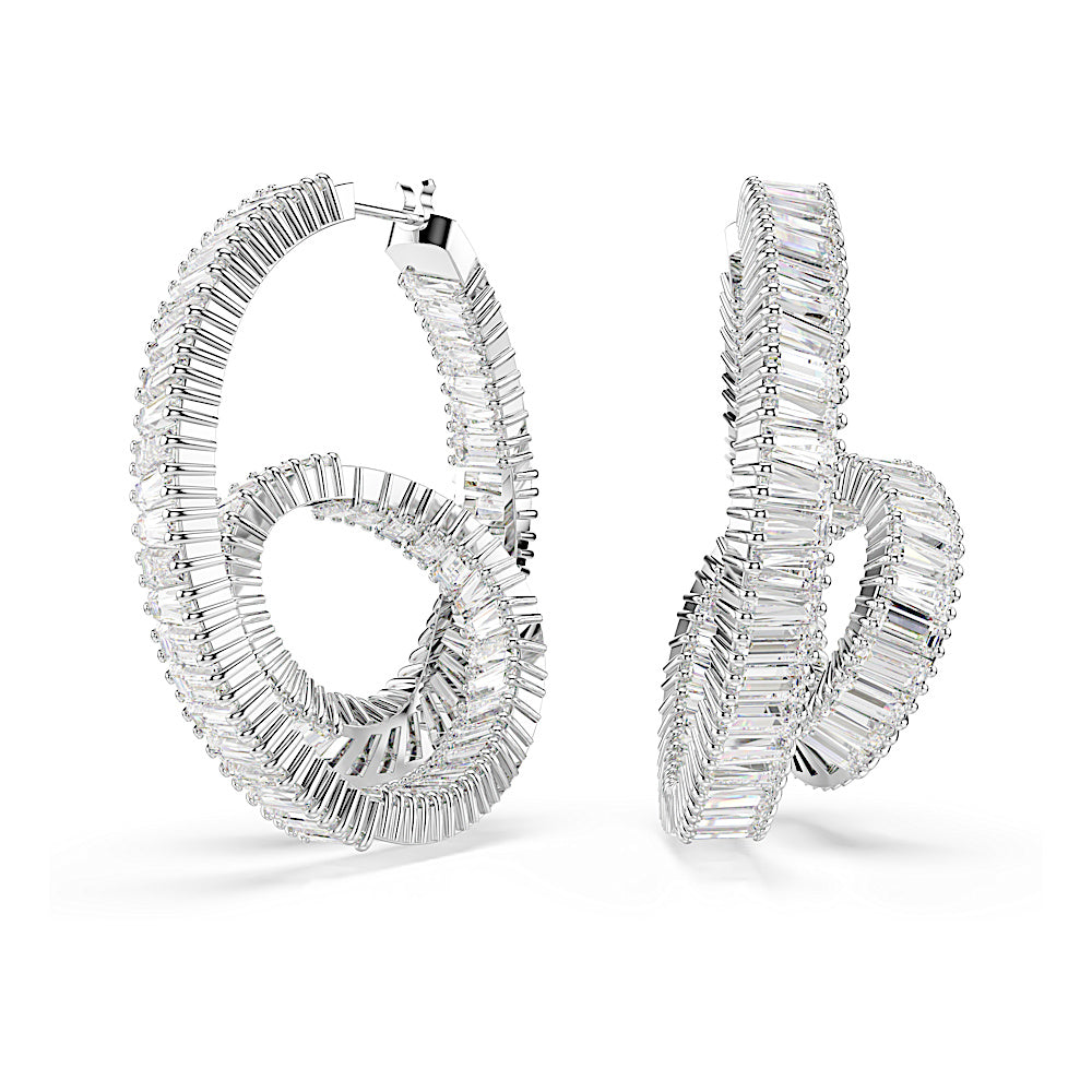 Pendientes de aro Matrix, Talla baguette, Cinta, Blancos, Baño de rodio