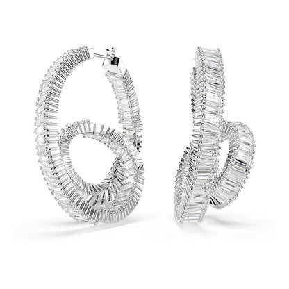 Pendientes de aro Matrix, Talla baguette, Cinta, Blancos, Baño de rodio