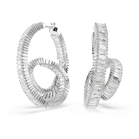 Pendientes de aro Matrix, Talla baguette, Cinta, Blancos, Baño de rodio