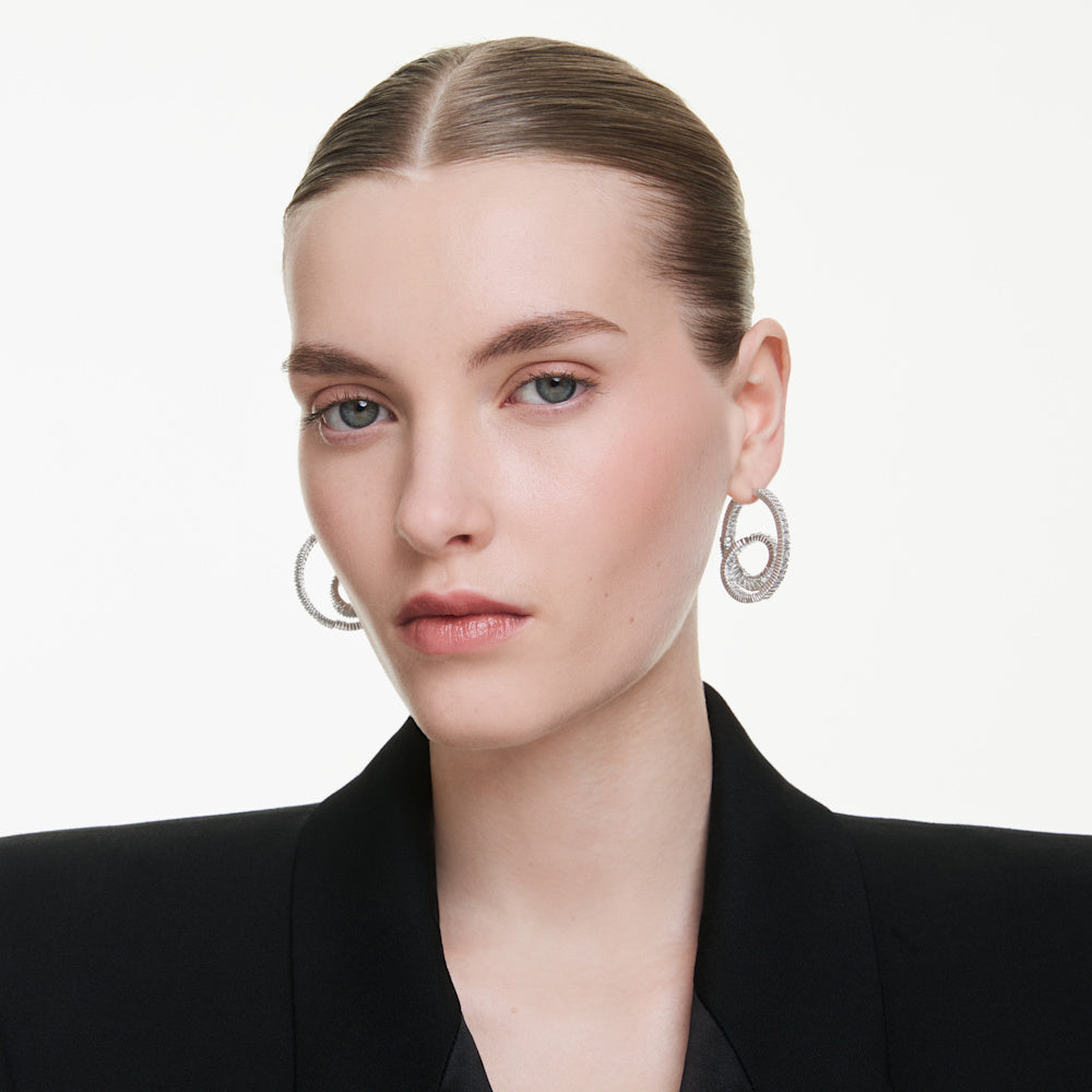 Pendientes de aro Matrix, Talla baguette, Cinta, Blancos, Baño de rodio