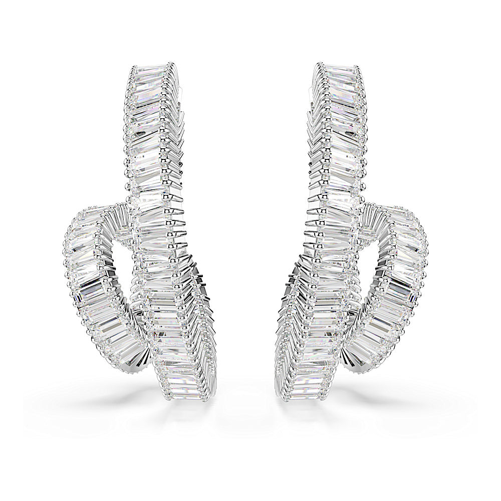 Pendientes de aro Matrix, Talla baguette, Cinta, Blancos, Baño de rodio