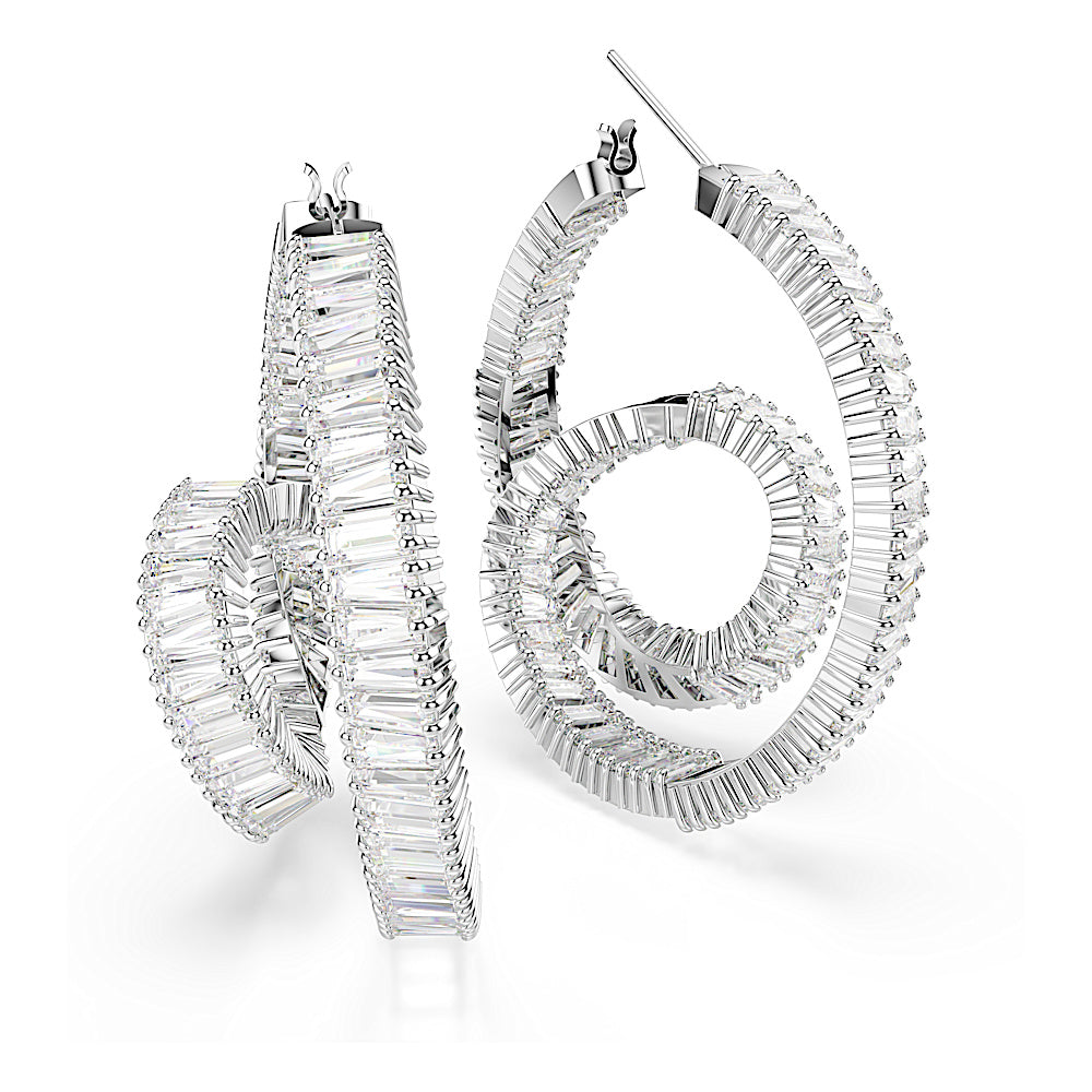 Pendientes de aro Matrix, Talla baguette, Cinta, Blancos, Baño de rodio