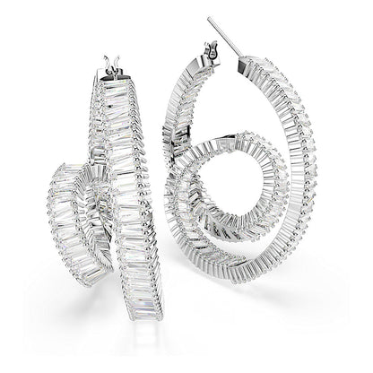 Pendientes de aro Matrix, Talla baguette, Cinta, Blancos, Baño de rodio